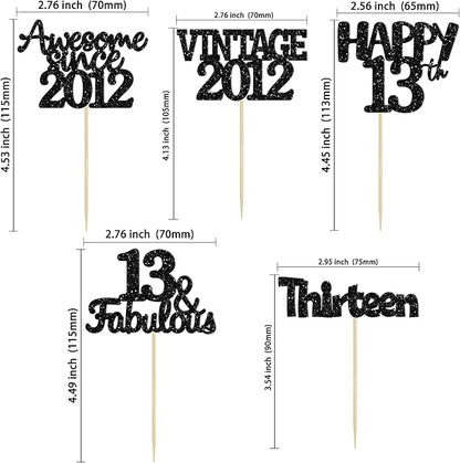 Gyufise 30Pcs Vintage 2012 Cupcake Toppers Glitter Thirteen Happy 13th Cupcake Picks Happy 13th Birthday Cake Decorations for Happy 13th Birthday Anniversary Party Supplies Black