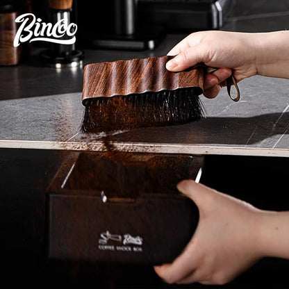 Bincoo Coffee Brush with Cleaning Cloth - Wooden Handle Cleaning Brush for Grinders, Espresso Machines & Countertops, Reusable Barista Tool with Hanging Hook for Coffee Grounds Removal