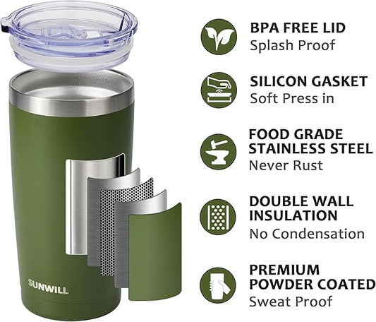 SUNWILL Travel Coffee Tumbler 20 oz, Insulated Mug with Lid, Stainless Steel Cup for Outdoor, Powder Coated Olive