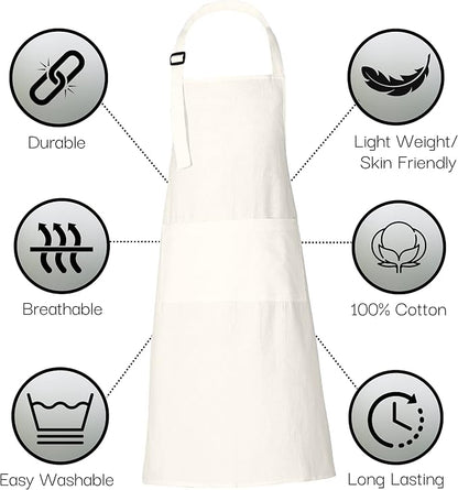 RAJRANG 100% Cotton Cooking Apron with 3 Pockets Kitchen Chef BBQ Adjustable Bib Aprons for Women Men