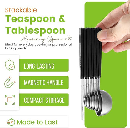 Spring Chef Stainless Steel Magnetic Measuring Spoons Set of 8 with Leveler, Round Metal Teaspoon & Tablespoon Measuring Spoons - Kitchen Gadgets For Baking and Cooking