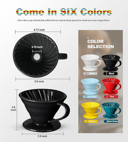 Pour Over Coffee Dripper - Ceramic Pour Over Coffee Maker Cone, Porcelain Coffee Drip, Pour Over Single Cup, Manual Brew Maker for Home, Cafe, Office - 1-4Cup, V60 Size 02 (Black)