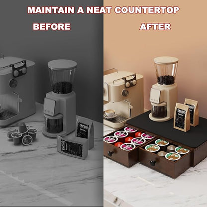K Cup Holder, Wooden K Cup Organizer Box for Counter, Tea and Coffee Pod Storage Drawer Coffee Maker Stand, 30 Pod Capacity, Walnut Black