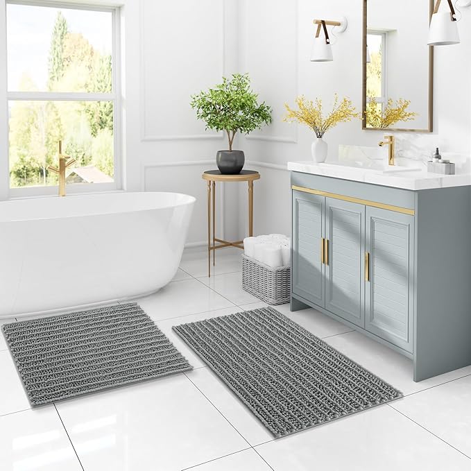 Arotive Luxury Chenille Bathroom Rug Mat, Extra Soft Thick Absorbent Shaggy Bath Rugs, Non-Slip Machine Wash Dry, Plush Bath Mats for Bathroom, Shower and Tub, 24x16, Grey