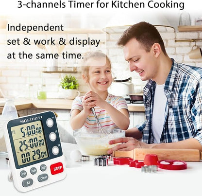 Digital Dual Kitchen Timer, 3 Channels Count Down/Up Triple Timer for Cooking, Magnetic Memory-Preset Large Display Adjustable Alarm Volume, Multi Times Management, 3A Battery Included, White