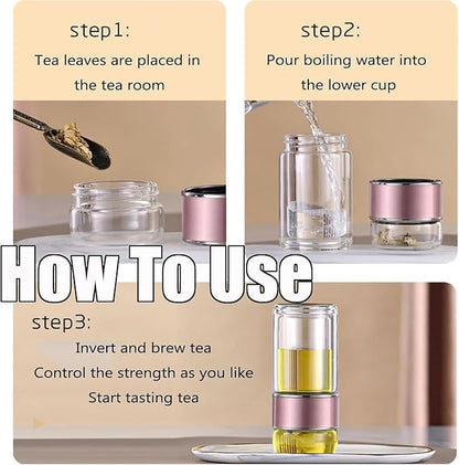 Tryteava Glass Infuser, Tryteava 3-in-1 Smart Tea Infuser, Portable Glass Double Wall Tea Infusers Bottle, with Stainless Steel Filter, Hot & Cold Brew, For Loose Leaf, Office Home (Pink, 420ml)