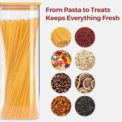 Rectangle Glass Storage Containers with Lids, Glass Jars with Bamboo Lids for Spaghetti, Pasta, Kitchen Pantry Storage Containers (2 pack 2.2qt)