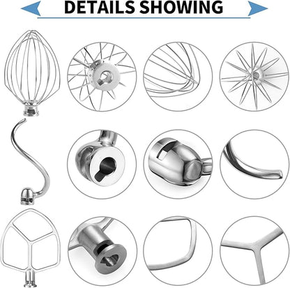 Stainless Steel 3 Piece kit Attachments，Dough Hook 6 Wire Whisk Flat BeaterCompatible with KitchenAid 5-6QT Mixer，Bowl Lift Stand Mixer Accessory，Rust Resistant，Dishwasher Safe