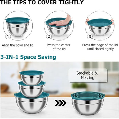 TeamFar Mixing Bowls, Stainless Steel Nesting Salad Bowls with Airtight Lids Set, For Serving/Mixing/Storing, Healthy & Heavy-duty, Dishwasher Safe & Easy Clean, 4.6/3 / 1.5 QT, Navy Blue