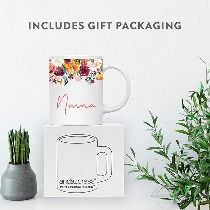 Andaz Press 11oz. Mother's Day Ceramic Coffee Tea Mug Gift, Fall Autumn Burgundy Orange Peach Flowers Roses Florals, Nonna, 1-Pack, Includes Gift Box, Birthday Christmas Gift Ideas