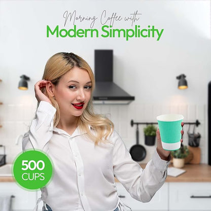 Restaurantware 12 Ounce Ripple Wall Disposable Coffee Cups, 500 Insulated Midnight Light Green Paper Tumblers with Rolled Rim Design, Lids Sold Separately for Hot Drinks like Tea, Hot Chocolate