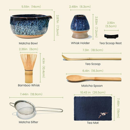 Matcha Whisk Set, Ceramic Matcha Set Includes Matcha Bowl, Matcha Whisk & Holder, Scoop, Sifter, Spoon, Scoop Rest, Tea Mat, User Manual - 9 Pcs Matcha Kit for Matcha Lovers (Blue)