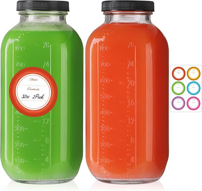 STARSIDE 32 oz Glass Juice Bottles with Lids 2 Pack - Square Reusable Drinking Jars for Juicing, Milk, Kombucha - Includes 1 Bottle Brush, 6 Colored Labels