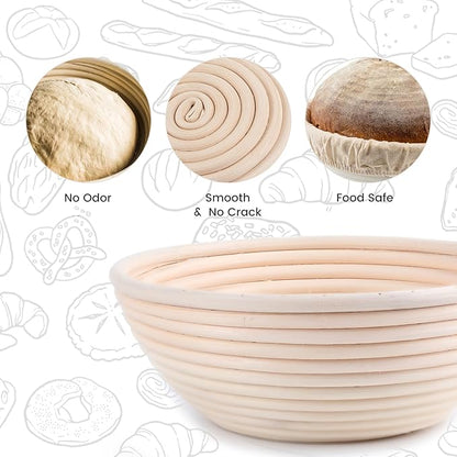 Proofing Baskets for Sourdough Bread Making, Dough Proofing Bowls Kit with Cloth Liner + Scoring Lame + Scraper for Professional & Home Sourdough Bakers (Round,8.5 inch,Set of 2)