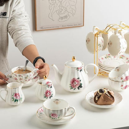 Porcelain Tea Sets British Royal Series, 8 OZ Cups & Saucer Service for 6, with Teapot Sugar Bowl Cream Pitcher Teaspoons and Tea Strainer, Suitable for High Tea, Wedding, Party（Spring Flowers）