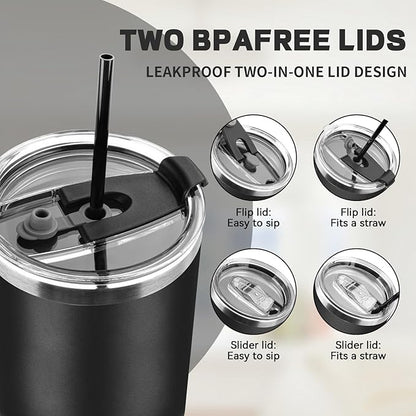 30 oz Tumbler with Lids and Straws, Stainless Steel Insulated Coffee Tumbler, Double Wall Vacuum Insulated Travel Mug Cup, Leakproof Thermal Coffee Cup for Hot and Cold Drinks (Black)