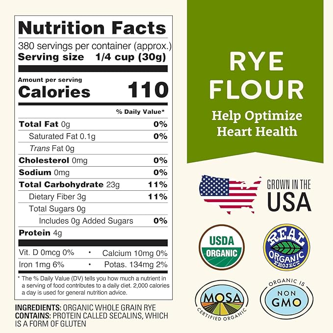 Organic Rye Flour 25 lb Bulk - Non-GMO, USDA Organic, Low Gluten, Vegan, For Baking, Cooking, Supports Heart Health & Digestion - USA Grown by Doudlah Farms