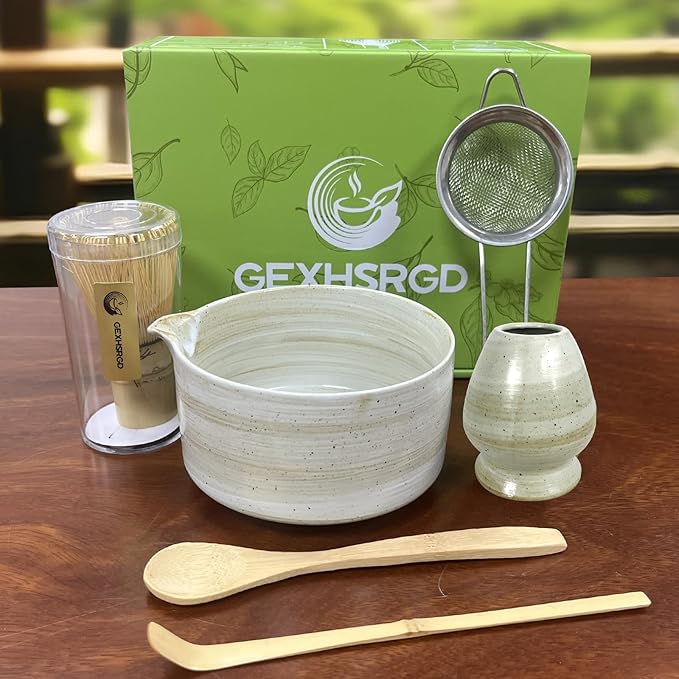Matcha Whisk Set,6Pcs Matcha Kit Includes Matcha Whisk and Holder,Matcha Bowl with Spout,Matcha Sifter and 2Pcs Matcha Spoon,Suitable as a gift for those who like matcha (Gray)
