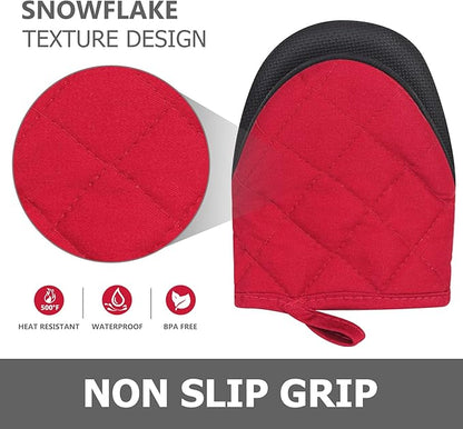Qulable 1 Pair Short Oven Mitts - Silicone Kitchen Oven Gloves High Heat Resistant 500℉, Mini Oven Mits with Non-Slip Grip Surfaces and Hanging Loop for BBQ, Baking, Cooking and Grilling (Red)