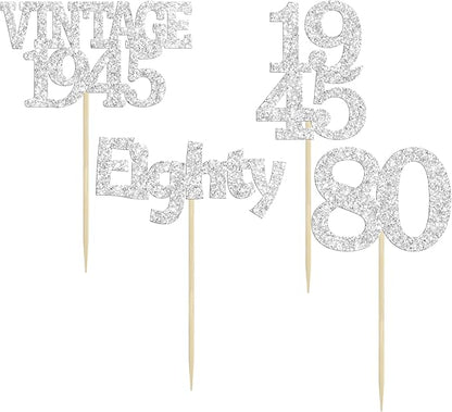 Gyufise 24Pcs 80th Birthday Cupcake Toppers Glitter Cheers to 80 Fabulous Eighty Vintage 1945 Cupcake Picks 80th Birthday Wedding Anniversary Party Cake Decorations Supplies Silver