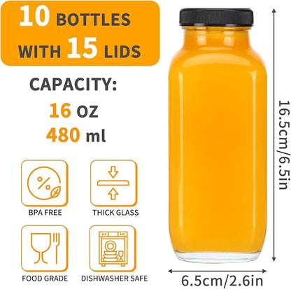 CUCUMI 10pcs 16oz Glass Juice Bottles with Lids, Reusable Juice Containers Drinking Jars Water Cups with Brush, Glass Straws, Lids with Hole
