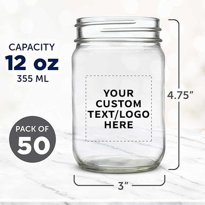 DISCOUNT PROMOS Custom Decorating Mason Jars 12 oz. Set of 50, Personalized Bulk Pack - Glass Jars for Overnight Oats, Candies, Fruits, Pickles, Spices, Beverages - Clear