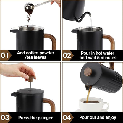 Rorence 34oz French Press Coffee Maker, Coffee Press with Real Wood Handle & Plunger Head, Double Wall Insulation & Dual-Filter Screen, incl. replaced filters & instructions, Black