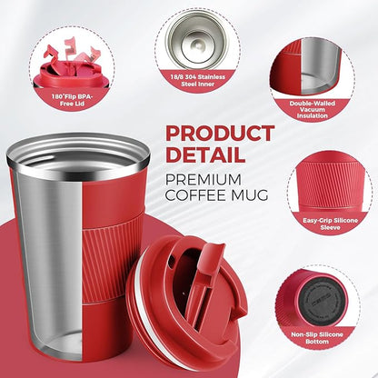 Volhoply 13 oz Stainless Steel Insulated Travel Coffee Mug with Fip Lid Bulk 4 Pack,Reusable Double Wall Vacuum Metal Coffee Cup,Portable Leak Proof Thermal Tumbler for Hot & Cold Drinks(Red,4)