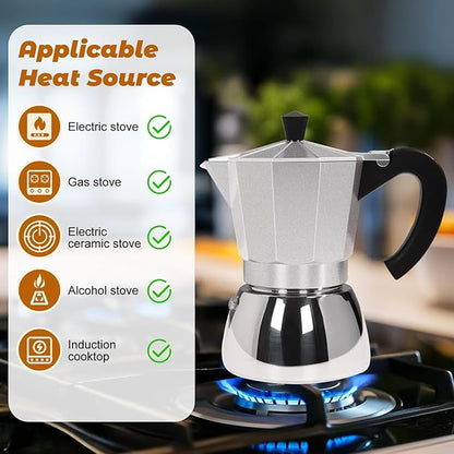 No Coating 4 Cup Aluminum and Stainless Steel Moka Pot Stovetop Espresso Maker Italian Coffee Machine 220ml 7.44oz Suitable for Gas Induction Stovetop Greca Coffee Maker Percolator Silver