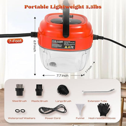 Moongiantgo Handheld Steam Cleaner 2500W High Pressure 1.5L Steamer for Cleaning, Portable Steam Cleaner for Home Kitchen Bathroom, Steam Cleaner for Car Detailing Grout Tile (Red)