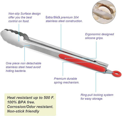 304 Stainless Steel Kitchen Cooking Tongs, 9" and 12" Set of 2 Sturdy Grilling Barbeque Brushed Locking Food Tongs with Ergonomic Grip, Red