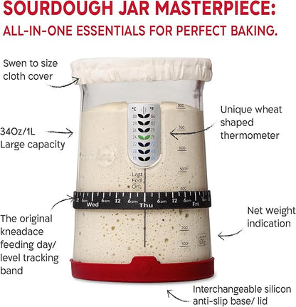 KneadAce Sourdough Starter Kit (PRO 34oz Jar, 2xOval baskets, Red Bread Lame)