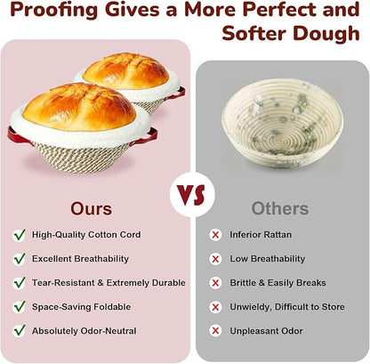 Banneton Bread Proofing Basket Set, 2 Pack Cotton Rope Sourdough Baskets with Liners, Cloth Covers & Silicone Baking Mat, Sourdough banneton basket for Sourdough Baking Supplies