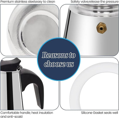 9 Cup Moka Pot Stainless Steel 450ml Italian Espresso Coffee Maker Stovetop Coffee Makers Mocha Pot Percolator Greca Coffee Maker for Induction Stove Portable for Easy Brewing Tummy