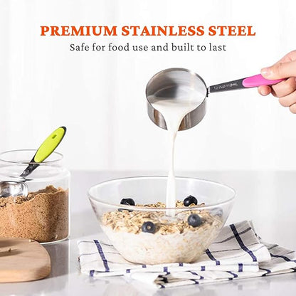 Stainless Steel Measuring Cups and Spoons Set of 19, 5 Measuring Cups with Colored Silicone Handles, 9 Nesting Spoons, 5 Mini Spoons, Kitchen Gadgets for Cooking & Baking, Dry and Liquid Ingredients