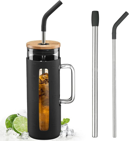 Kodrine Tumbler with Lid and Straw, 20 oz Glass Coffee Tumbler with Handle, Smoothie Cup with Bamboo Lid | Time Marker | Silicone Protective Sleeve, BPA Free - Black