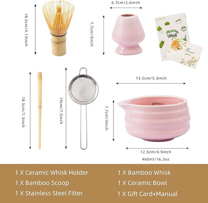 5pcs Premium Matcha Set,Ceramic Bowl with Spout and Bamboo Whisk set, Ceremonical Matcha Kit for breakfast/latte,Tea Starter Making Kit,Unique Matcha Gift set (pink)