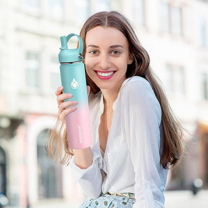 SENDESTAR Water Bottle 40oz Double Wall Vacuum Insulated Leak Proof Stainless Steel Sports Water Bottle—Wide Mouth with New Flex Straw Lid & Spout Lid (Bubble Gum)
