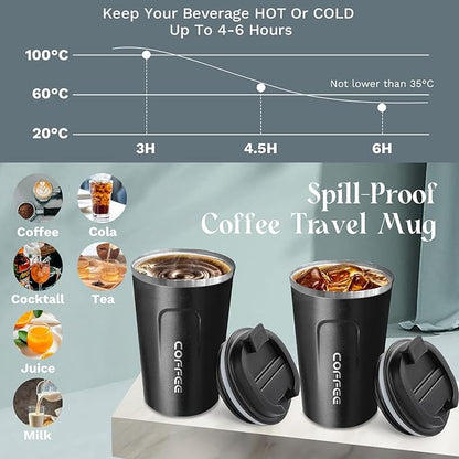 YINBAOGE Insulated Travel Coffee Mug Spill Proof Leak Proof Pobtable To Go Camping Stainless Steel Coffee Tumbler Reusable Coffee Cups with Lids Thermos for Hot and Cold Drink (2nd-Black, 12 OZ)