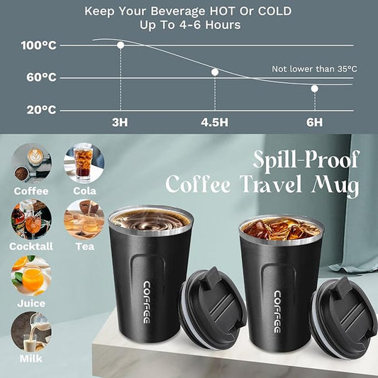 YINBAOGE Insulated Travel Coffee Mug Spill Proof Leak Proof Pobtable To Go Camping Stainless Steel Coffee Tumbler Reusable Coffee Cups with Lids Thermos for Hot and Cold Drink (2nd-Black, 17 OZ)