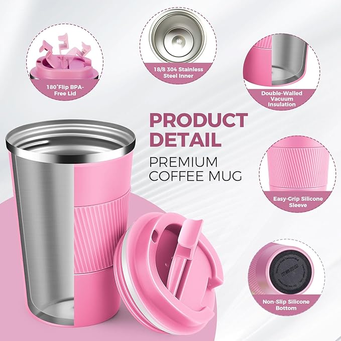 Volhoply 13 oz Stainless Steel Insulated Travel Coffee Mug with Fip Lid,Reusable Double Wall Vacuum Metal Coffee Cup,Portable to Go Leak Proof Cafe Thermal Tumbler for Hot & Cold Drinks(Pink,1)