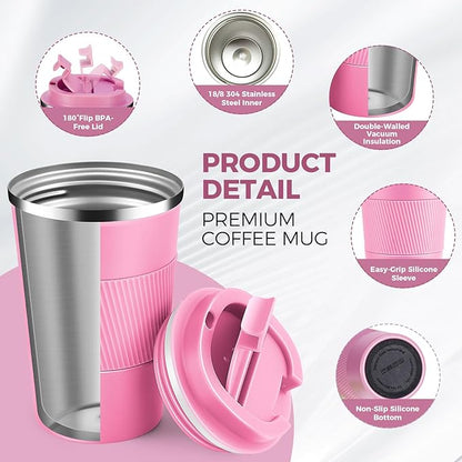 Volhoply 13 oz Stainless Steel Insulated Travel Coffee Mug with Fip Lid Bulk 2 Pack,Reusable Double Wall Vacuum Metal Coffee Cup,Portable Leak Proof Thermal Tumbler for Hot & Cold Drinks(Pink,2)