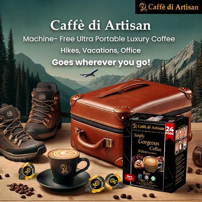 Caffè di Artisan Liquid Coffee Pods – Premium Single-Serve for Cold Brew, Iced & Hot Coffee – Machine-Free, Eco-Friendly, Ready in Seconds. Rich Raro Arabica, Medium Roast with Frother – 24 Count.