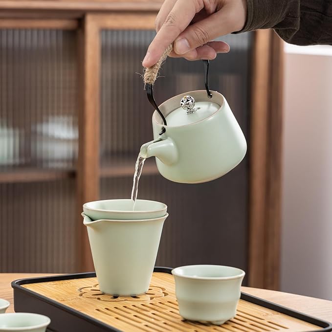 Travel tea set,Portable ceramic tea set,Chinese tea set,Tea sets for adults,Tea pot sets,Portable Travel Bag,Home,Gifting,Outdoor and Office,茶具 (Light green)