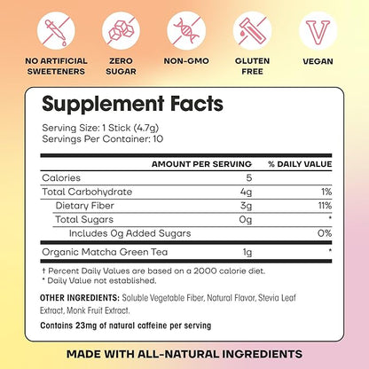 Fit & Lean Matcha Amore Iced Tea, Organic Ceremonial Grade Matcha Green Tea, Prebiotic Fiber, L-Theanine, Naturally Sweetened, NON-GMO, 0 Sugar, Peach Iced Tea, 10 Stick Packs