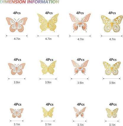 SAOROPEB 3D Butterfly Wall Decor, 48 Pcs 4 Styles 2 Color 3 Sizes, Removable Metallic Wall Sticker Room Mural Decals for Kids Bedroom Nursery Classroom Party Decoration (2 Color)