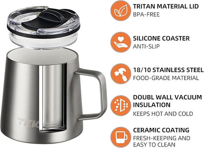 TKK 12 oz Insulated Coffee Mug with Handle Ceramic Coating Detachable Slider Lid Stainless Steel Tumbler Double Wall Vacuum Travel Cup