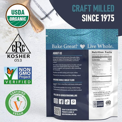 Great River Milling Organic Whole Wheat Flour | Unbleached & Unbromated | High Protein & Fiber | Non-GMO, Kosher | Perfect for Sourdough, Bread, Rolls, Baking, Cooking & More | 2 Lb