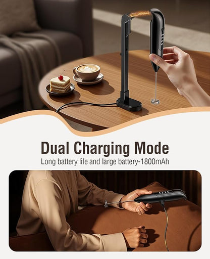 Electric Milk Frother Handheld: Rechargeable 3 Heads 3 Speeds Portable Stainless Steel Drink Foam Mixer with LED Digital Display for Milk Coffee, Lattes, Cappuccino, Matcha