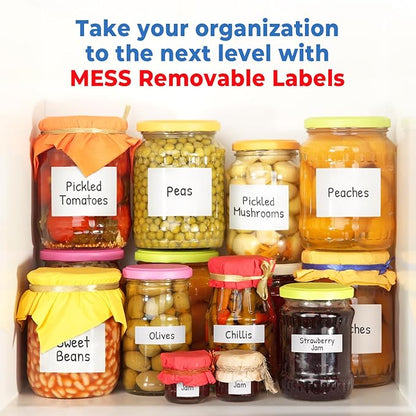 MESS Removable Food Labels for Containers (48-Pack) 3x4" Erasable Kitchen Labels for Organizing, Freezer & Fridge, White Dry Erase Labels for Jars